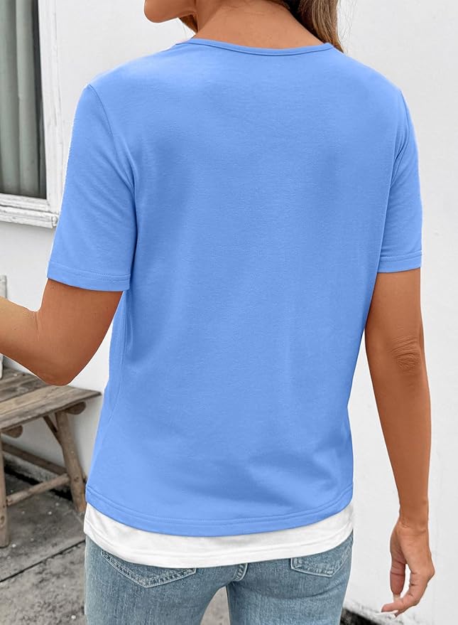 SHEWIN Womens Tops Casual Crewneck Color Block Short Sleeve Mock Double Layer T-Shirt Summer Outfits for Women 2026