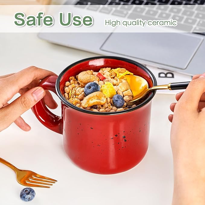 bestone Coffee Mugs Set of 4竊?6 oz Large Coffee Mugs, Ceramic Mugs with Handles,Salad,Noodles etc Coffee Mugs, Cups for Coffee Cereal Latte 竊똌icrowave & Dishwasher safe竊똓ed