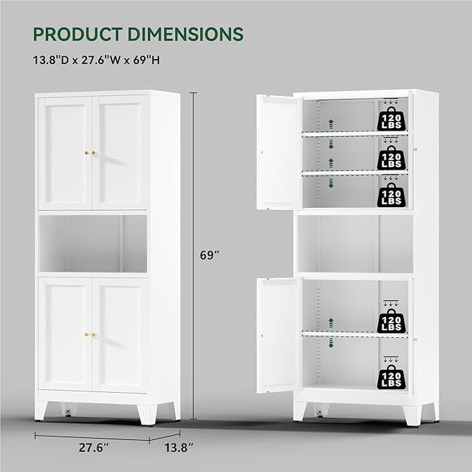 COFaR 69" Tall Modern Kitchen Pantry,Metal Storage Cabinet with Adjustable Shelves,Pantry Cabinet with 6-Tier,Freestanding Cupboard for Kitchen,Dining Room,Living Room,Bathroom,White