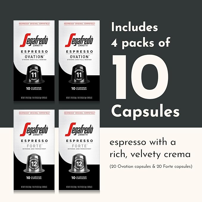Segafredo Zanetti Espresso Capsules ??Aluminum Pods for Nespresso Original Machines ??Ovation & Forte Variety Pack Premium Espresso ??Dark and Extra Dark Roast ??Ovation & Forte, 10 Count (Pack of 4)