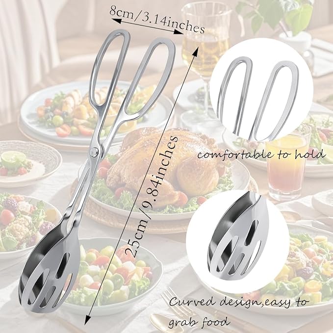 2 Pieces Salad Tongs Stainless Steel Kitchen Scissors for Food, Catering Utensil for Bread Cake Bake Steak Barbecue for Kitchen Serving and Cooking(Sliver)