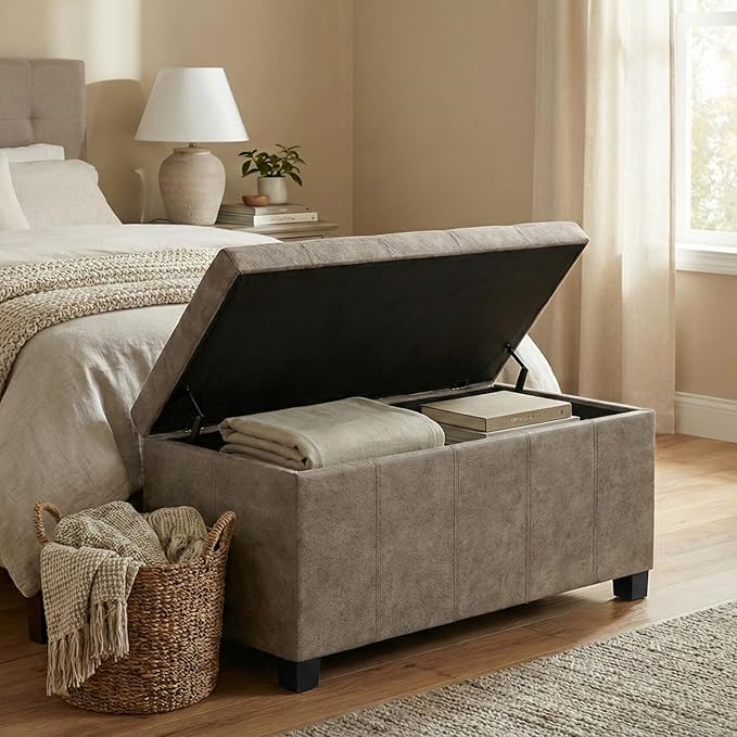 SIMPLIHOME Dover Storage Ottoman Bench - 36 inch Wide Upholstered Vegan Leather Rectangular Lift-Top Ottoman in Distressed Smoky Grey Brown, Contemporary Bench for Living Room with Safety Hinges