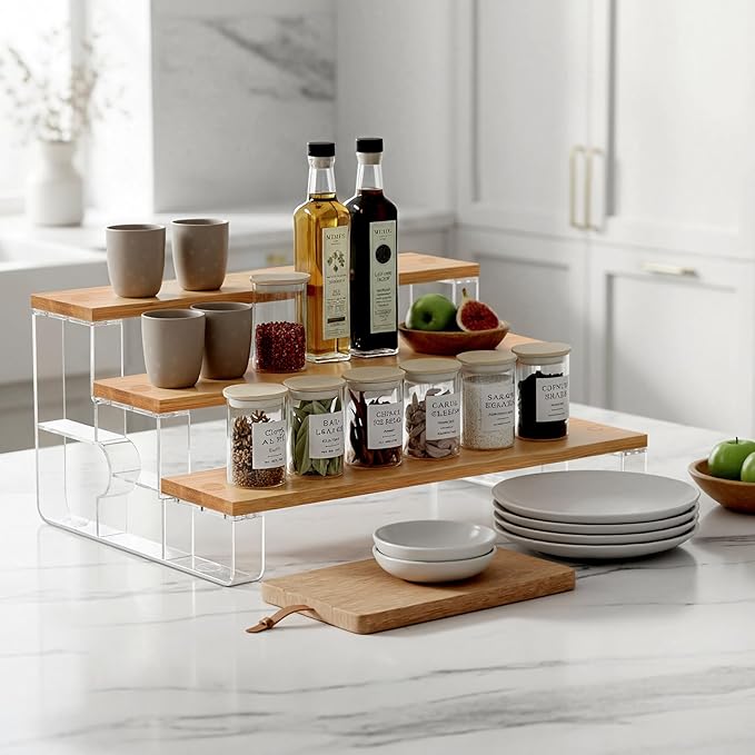 junyuan Spice Rack,3 Tier Spice Organization for Cabinet,Seasoning Organizer,Kitchen Counter Shelf,Bamboo Tiered Display Stand,Clear Extended Width 14"
