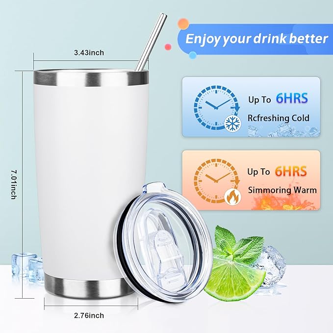 ATIKZHE 20oz Tumbler with Straw and Brush, Stainless Steel Vacuum Insulated tumbler, Double Wall Insulated Coffee Tumbler for Outdoor, Home, Travel,Office (White,1pcs)