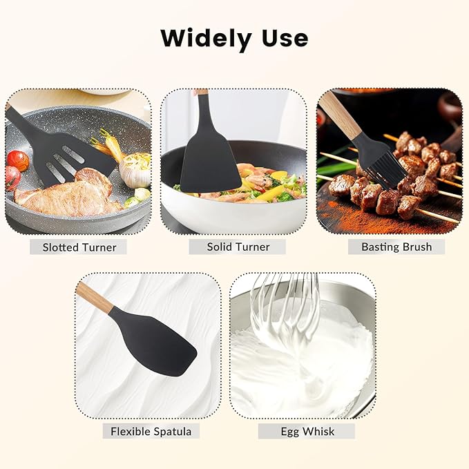 Daily Treasures 12PCS Kitchen Utensils Set,Cooking Utensils Set with Storage Holder,Kitchen Tools Made of Heat Resistant Food Grade Silicone and Wooden Handles for Nonstick Cookware