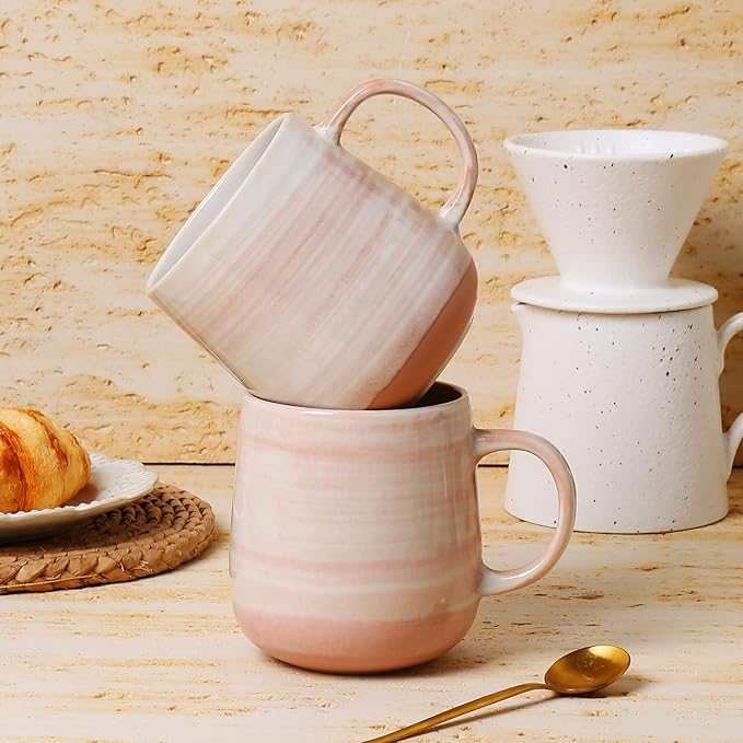 Coffee Mugs, Set of 4 Pink Ceramic Mugs with Subtle Stripe Texture - 12oz Cups, Microwave & Dishwasher Safe, Modern Minimalist Design for Home, Office, Gift Giving