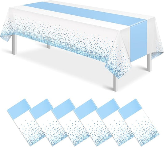 MASHAN 6Pcs White and Light Blue Polka Dot Plastic Rectangular Tablecloths, 54x108 Inch, Spill Resistant, Perfect for Birthday, Wedding, Graduation Parties