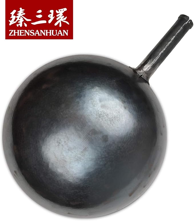 ?삡툒??ZhenSanHuan Chinese Hand Hammered Iron Woks and Stir Fry Pans, Non-stick, No Coating, Carbon Steel Pow (32CM, Blue Black - Seasoned)