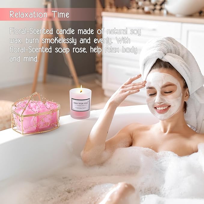 Christmas Gift baskets for Mom, Christmas Gift Sets for Mother from Daughter Son, Birthday, Thanksgiving Day, Care Package for Mother with Canvas Tote Bag Sock Tumbler Soap Flower Pink