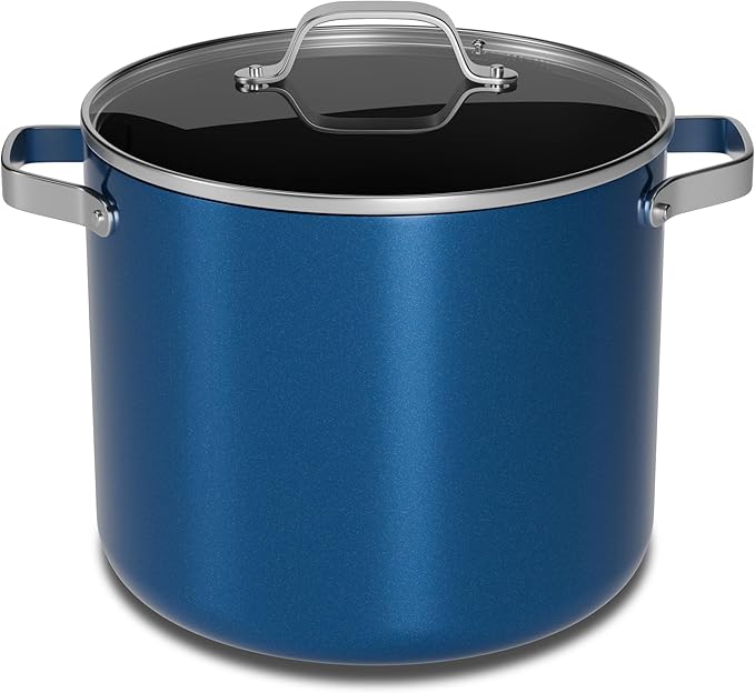 Bakken 16 Quart Ceramic Coated Stock Pot with Lid, Easy Clean Nonstick Pot, Tempered Glass Lid, Riveted Stainless Steel Handles, Oven Safe Up To 500째F, PTFE & PFAS Free, All Stove Compatible, Blue