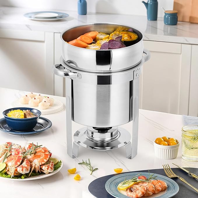 Garvee 11QT Commercial-Grade Soup Chafer Set of 4, Stainless Steel Round Food Warmers with Pots, Notched Lids & Fuel Holders, Commercial Buffet Equipment for Large Banquet Service & Buffet Catering