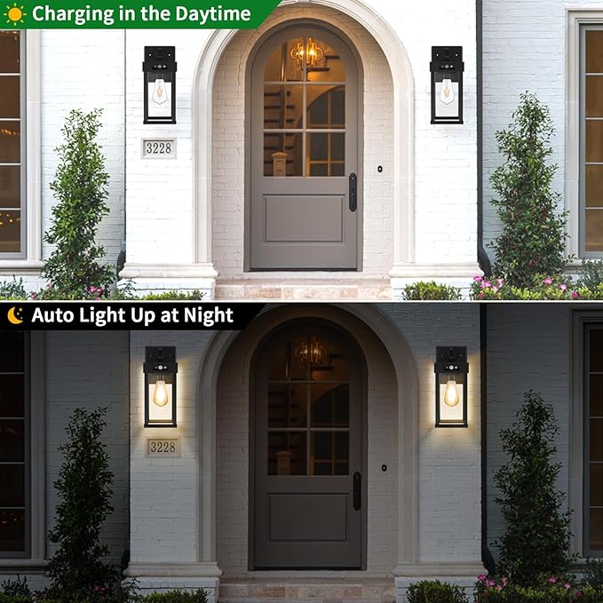 Auzev Outdoor Solar Wall Lights Fixtures Exterior Solar Lantern Lights With Clear Panel, Motion Sensor 3Lighting Modes Modern Sconce Waterproof Outside Lamp for House Garage (Black-1P)