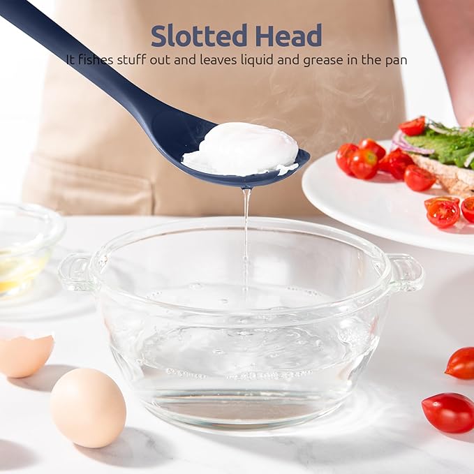 600쨘F Heat Resistant Silicone Spoon: U-Taste 13.3in Solid Kitchen Cooking Spoon, Nonstick Food Grade Large Soup Rubber Utensil for Mixing, Serving, Stirring, Basting, for Pot Cookware (Midnight Blue)