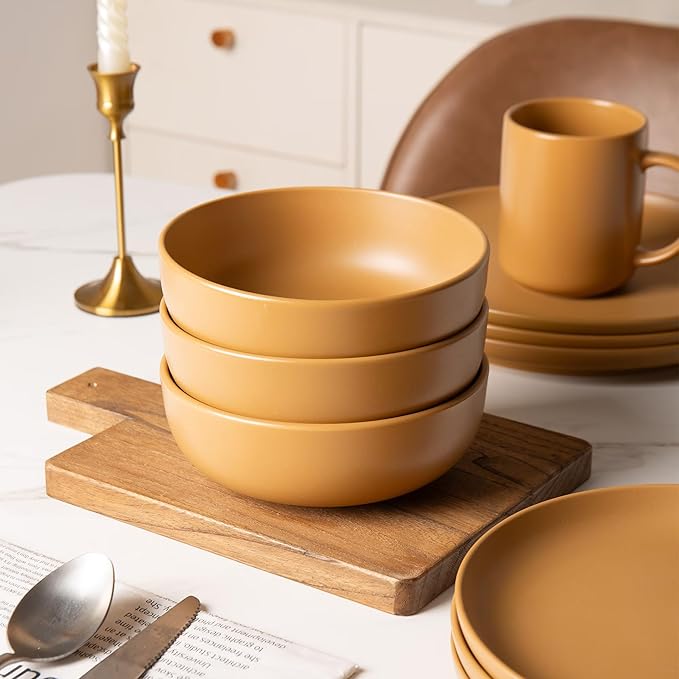 Furrnook 12-Piece Stoneware Dinnerware Set with Mugs | Microwave and Dishwasher Friendly | Stackable Matte Glaze Plates & Bowls | Service for 3 (Orange for 3)