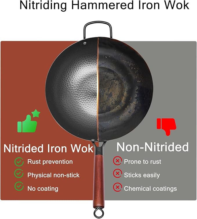 Wrought Iron Flat Bottom Wok with Glass Lid ??Detachable Wooden Handle, Non-Coated Naturally Nonstick Frying Pan for Gas, Electric & Induction Stoves (Black Wok with Helper Handle, 13.4 inch)