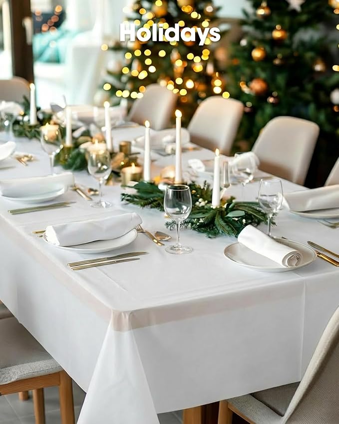 Pureegg Plastic Table Cloth Disposable 12 Pack, 54 x 108 Inch Table Cloths, Party, Picnic, Wedding, Decorative Tablecloths, Rectangle, White Plastic Cover, Leakproof & Sturdy, White