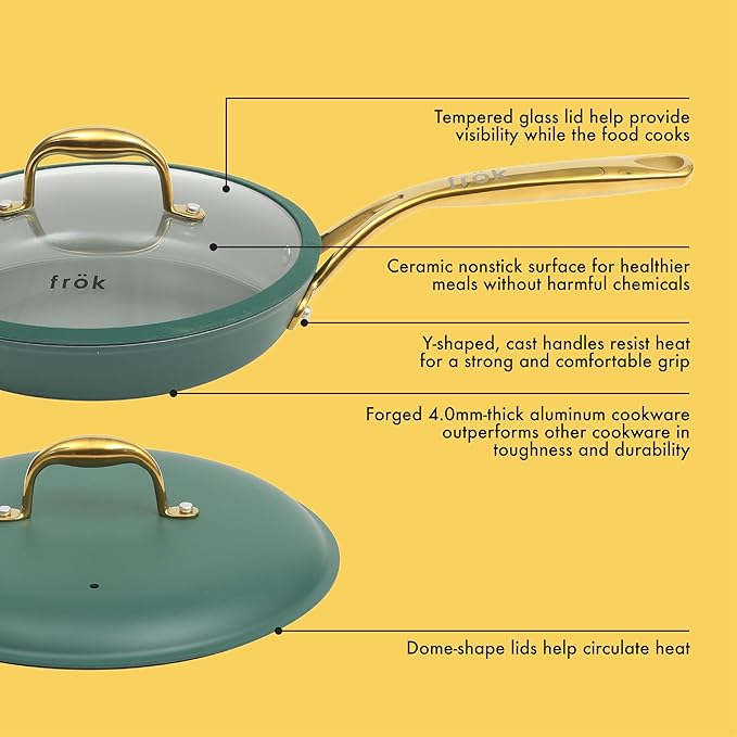 Frok 10 Piece Pots and Pans 4MM Thick Quick Heat Aluminum Cookware Set w/Premium PFA Free Ceramic Nonstick Interior Heat Resistant Exterior - Induction - Green & Gold