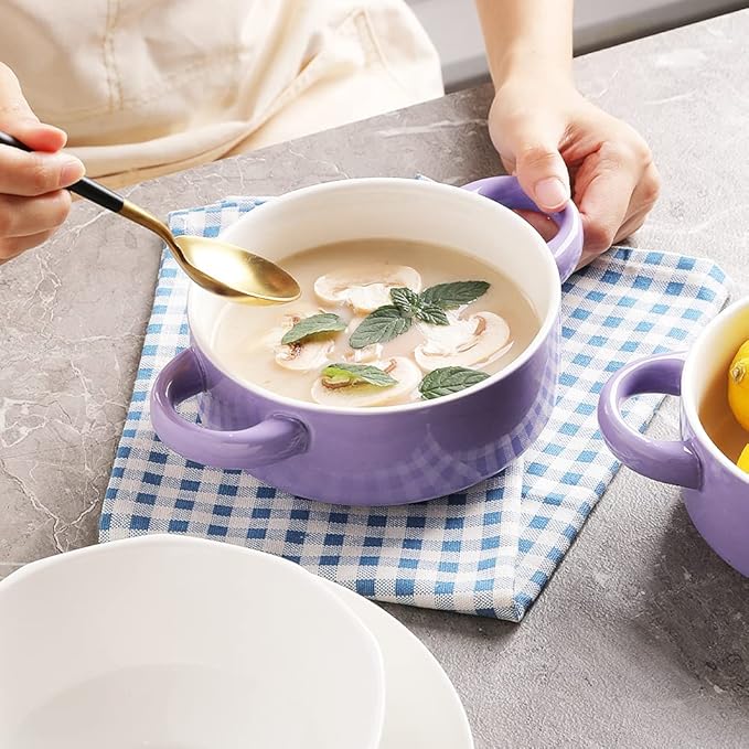 Sweejar Ceramic Soup Bowls with Double Handles, 20 Oz Stacked Bowls for French Onion Soup, Cereal, Pot Pies, Stew, Chill, Pasta, Set of 4 (Purple)