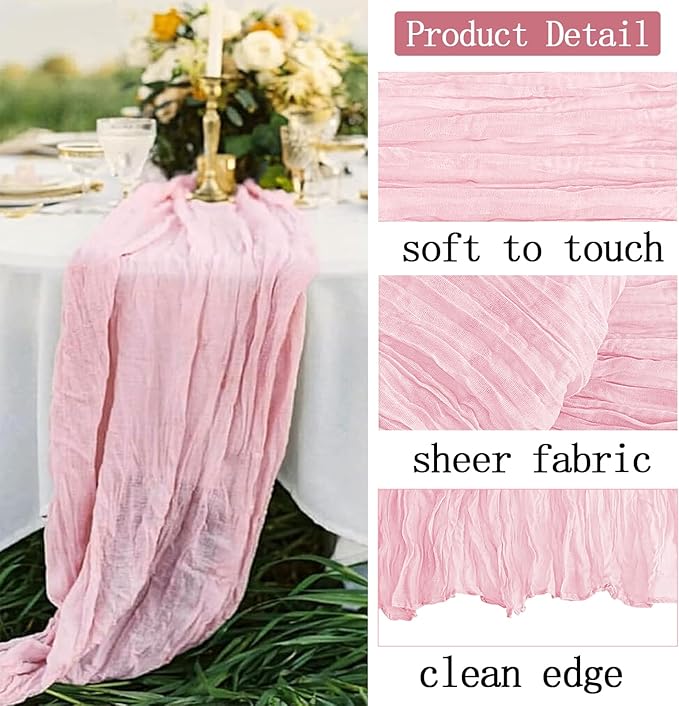 8 Pack Light Pink Cheesecloth Table Runner 20 x 120 inch Gauze Table Runners 10 FT Long,Semi Sheer Boho Cheese Cloth Fabric Table Runner Bulk for Wedding,Party,Baby Shower,Bridal Shower Decoration