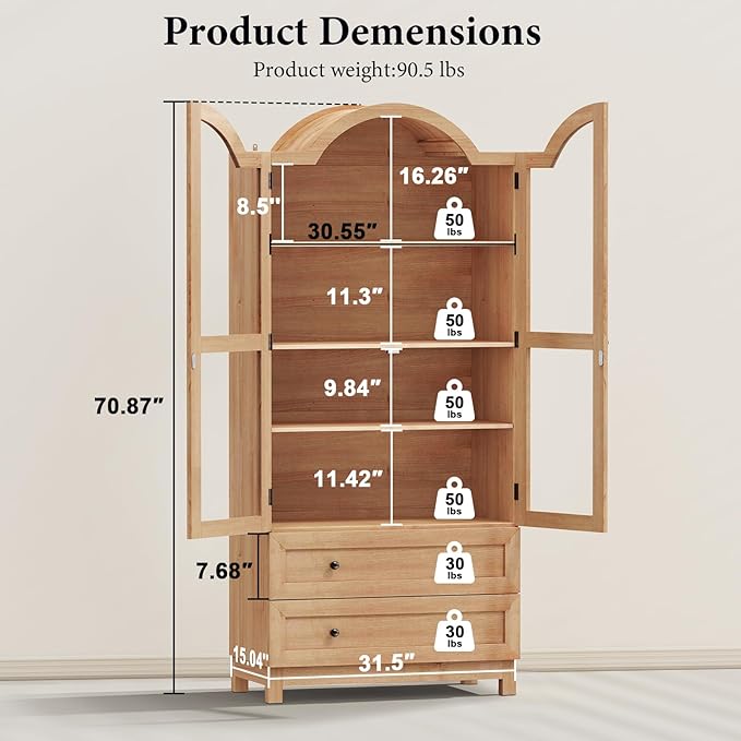EasyCom 71 Tall Arched Pantry Cabinet, Farmhouse Wood Kitchen Cabinet with 2 Large Drawers, 4-Tier Storage Cabinet with Adjustable Shelf & Magnetic Clasp Doors for Living Room, Dining Room, Natrual