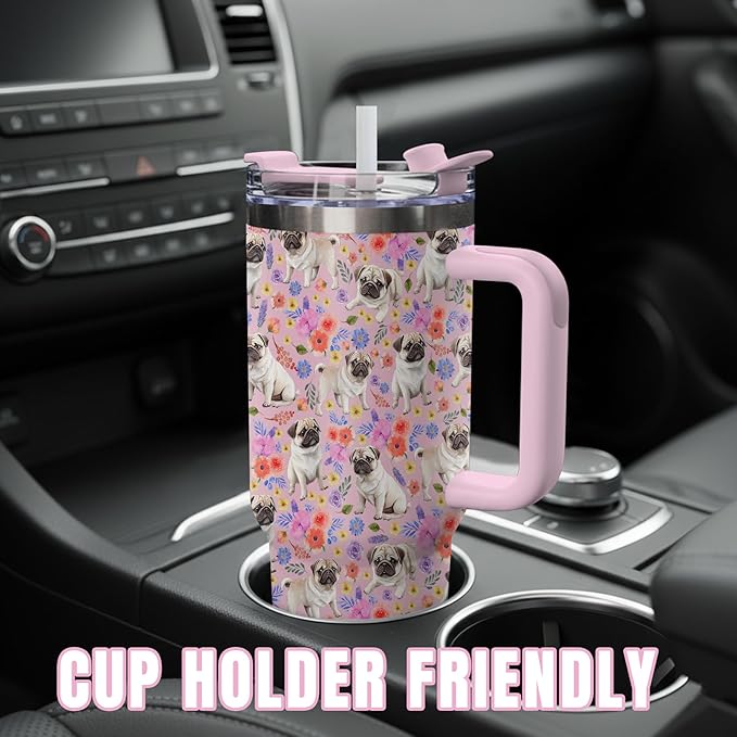 Yogusut Pug Gifts for Women, 40oz Stainless Steel Insulated Tumbler Travel Mug Cup with Handle Straw, Gifts for Dog Mom Dog Lover