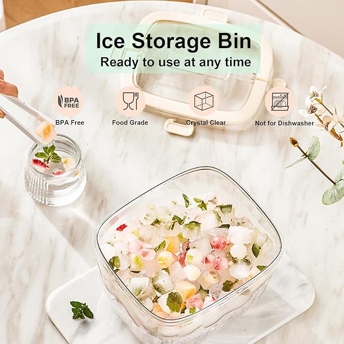 Portable Ice Bucket with Lid & Tong for Outdoor Camping, Clear Plastic Storage Bin for Freezer, Refrigerator, Whiskey, Wine, Cocktail Party, Big Cube Mold Tray for Ice Bath