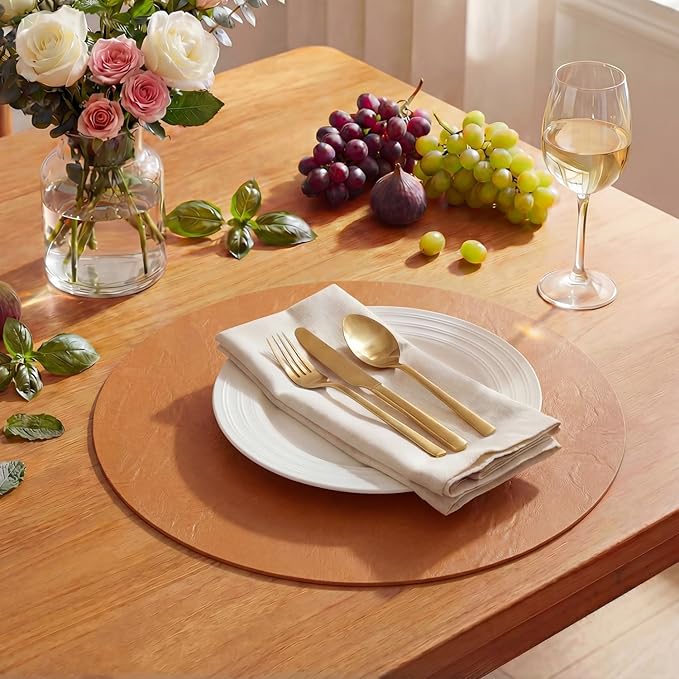 Artoid Mode Rust Faux Leather Placemats Set of 6, 15 Inch Waterproof Wipeable Heat Resistant Place Mats, Reversible Table Mats for Fall Kitchen Dining Decor