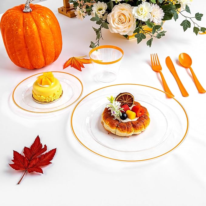 SUT 175Pcs Orange and Clear Plastic Dinnerware Set for 25 Guests, Include: 25 Dinner Plate, 25 Dessert Plates, 25 Pre Rolled Napkins With Silverware, 25 Cups, Disposable Plates for Party
