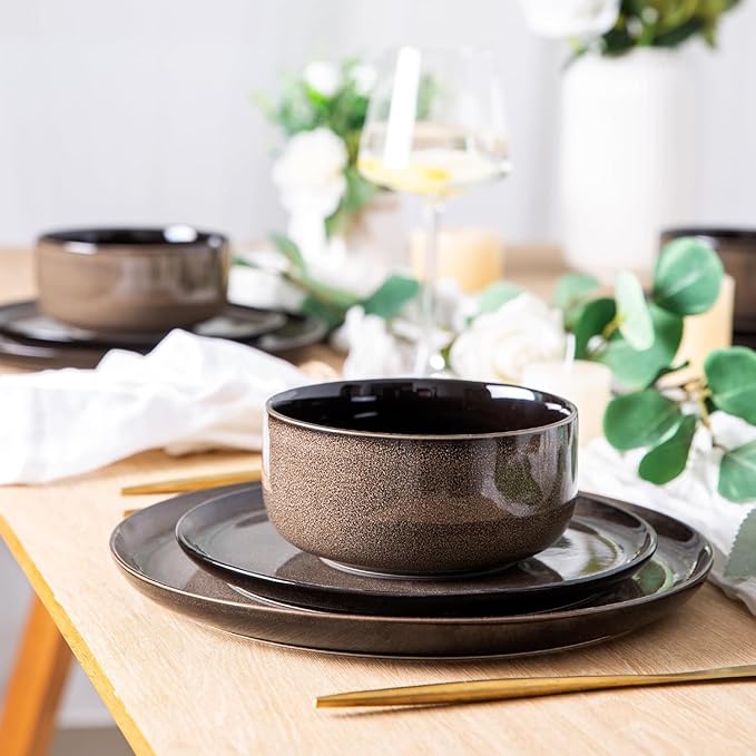LeRatio Ceramic Dinnerware Sets for 4,12-Piece Plates and Bowls,Handmade Reactive Glaze Dishes Set, Scratch Resistant | Oven&Dishwasher & Microwave Safe,Service for 4竊?2pcs),Modern-Chestnut