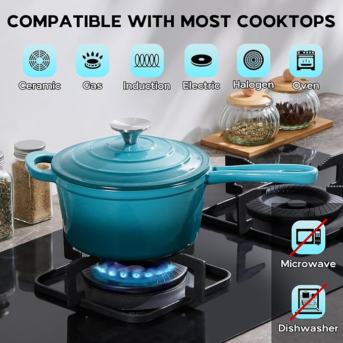Onader Enameled Cast Iron Sauce Pan, 2QT Saucepan with Lid, Small Cast Iron Pot for Cooking, Enamel Dutch Oven Nonstick & Heavy Duty ??Dark Cyan