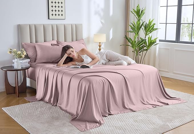 Pure Bamboo Queen Sheets, Genuine 100% Organic Viscose Derived from Bamboo Bed Sheet Set, Luxuriously Soft & Cooling, Double Stitching, 2 Year Quality Promise (Queen, Dusty Pink)