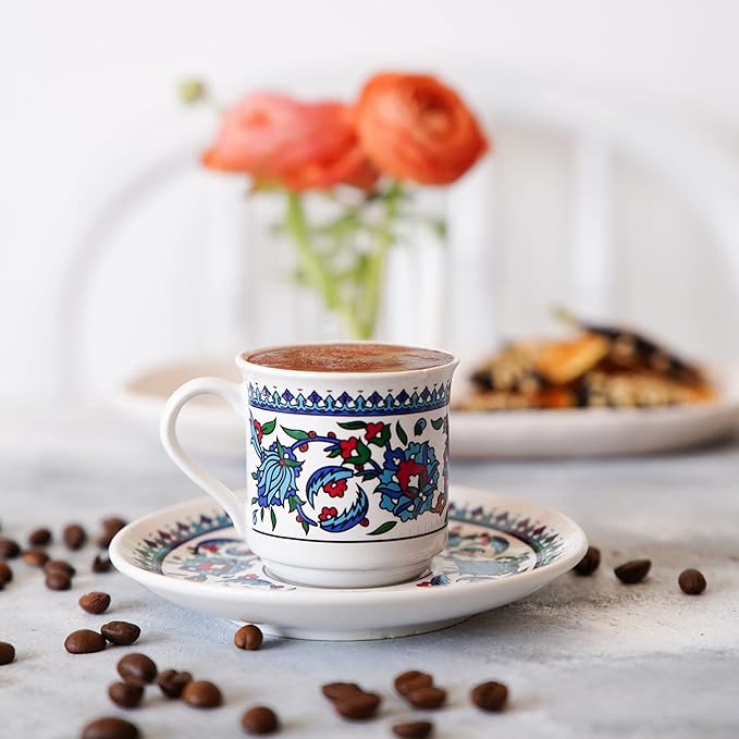 Turkish Coffee Cup Set of 6 with Saucers & Holder ??Ceramic, Dishwasher-Safe, Keeps Warm ??Patterned Turkish Espresso Cups Set for Home & Office (Set Of 6)
