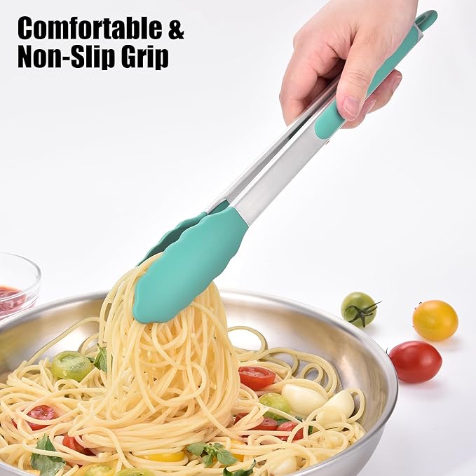 Doosu Kitchen Tongs for Cooking - 600째F Heat Resistant Food Tong with Non-Scratch Silicone Tips, Heavy Duty Stainless Steel Locking Tong for BBQ, Grilling Steak, Serving Salad, Pasta (12in, Aqua Sky)