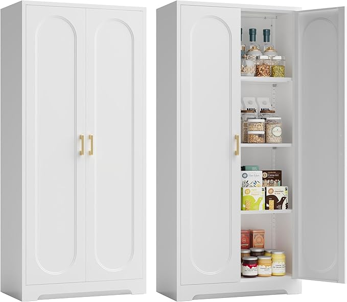 Metal Storage Cabinet with 3 Adjustable Shelves, 60" Tall Kitchen Storage Cabinet with Gold Handles, White Pantry Cabinets for Kitchen, Living Room, Hallway - Assembly Required