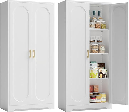 Metal Storage Cabinet with 3 Adjustable Shelves, 60" Tall Kitchen Storage Cabinet with Gold Handles, White Pantry Cabinets for Kitchen, Living Room, Hallway - Assembly Required