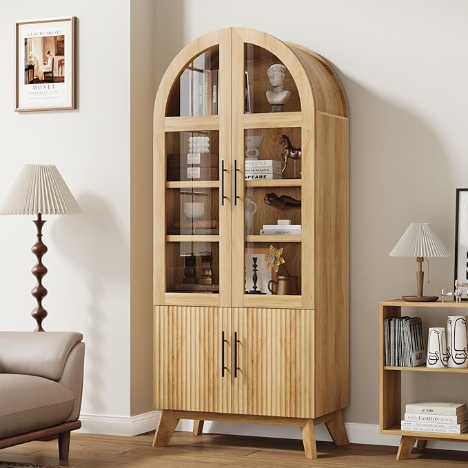 QUW 71" Modern Fluted Display Cabinet, Fluted Arched Pantry Cabinet, Tall Kitchen Storage Pantry with Adjustable Shelf, Storage Cabinet for Living Room, Dining Room, Natural Oak