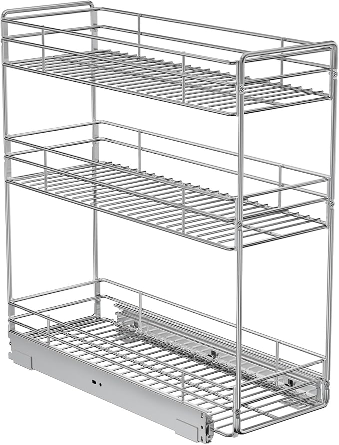 ROOMTEC Pull Out Spice Rack for Narrow Cabinet (5쩍" W X 20쩍" D),3 Tier Slide Out Cabinet Organizer and Pull Out Shelves Under Cabinet Storage for Kitchen, Chrome