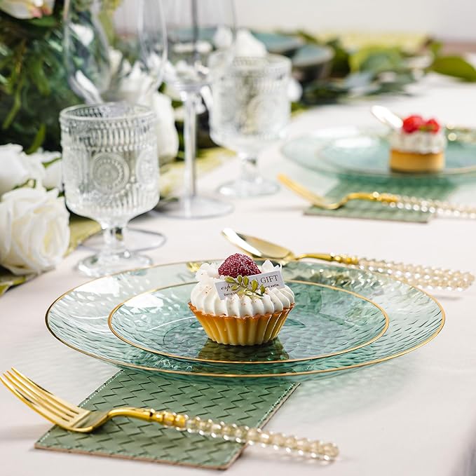 Lullaby 60pcs Green Plastic Plates with Gold Rim, Includes 30pcs Dinner Plate 10'' and 30pcs Clear Dessert Plate 7.5'', Green Disposable Plastic Plates for Parties, Birthdays and Wedding