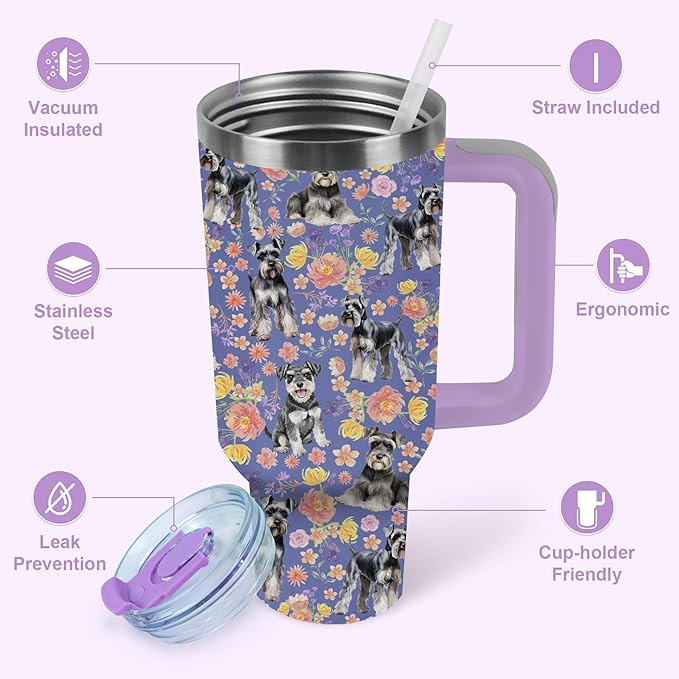Yogusut Schnauzer Gifts for Women, 40oz Stainless Steel Insulated Tumbler Travel Mug Cup with Handle Straw, Gifts for Dog Mom Dog Lover