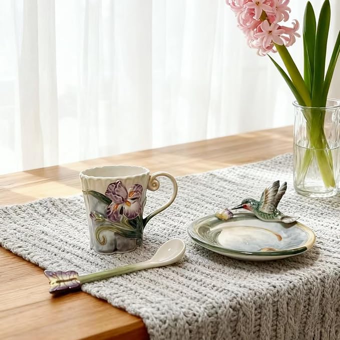 Ceramic Tea Cup and Saucer Set 竊?OZ 3D Hand-painted Hummingbird and Flower Coffee Mug竊똆ift for Women