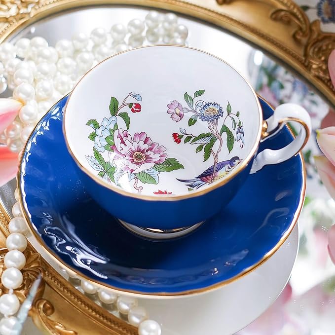 Aynsley Pembroke Glaze Oban 2-Piece Fine Bone China Teacup & Saucer - 6oz (180ml), Handpainted Floral with Gold Trim - Vintage Gift Set -Blue