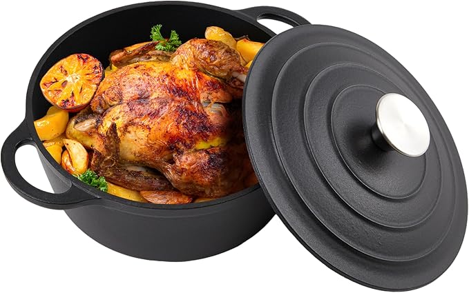 6 Quart Dutch Oven Enameled Cast Iron with Lid - Big Dual Handles - Oven Safe up to 500째F - Classic Round Pot for Versatile Cooking (Matte Black(No Enameled), 6 QT)