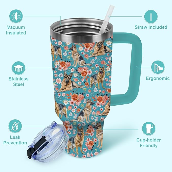 Yogusut German shepherd Gifts for Women, 40oz Stainless Steel Insulated Tumbler Travel Mug Cup with Handle Straw, Gifts for Dog Mom Dog Lover
