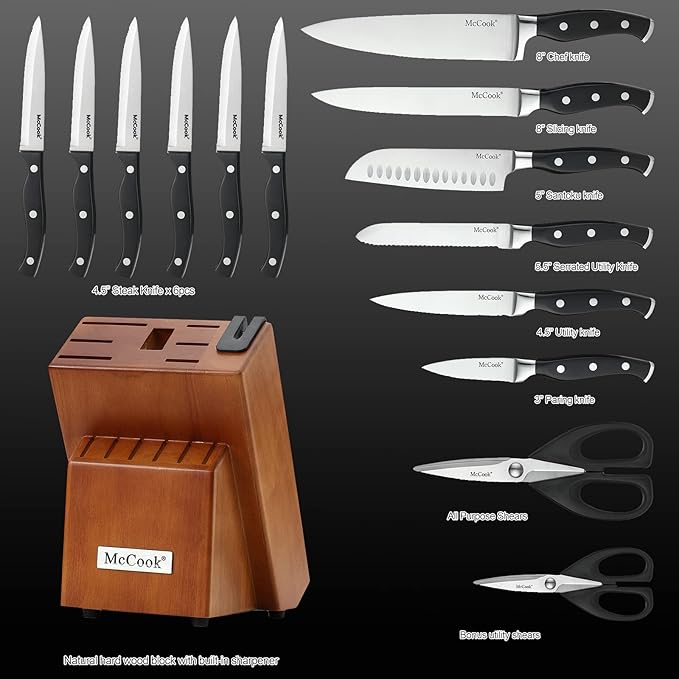 McCook짰 Knife Sets, German Stainless Steel Kitchen Knives Set with Built-in Sharpener and Wooden Block
