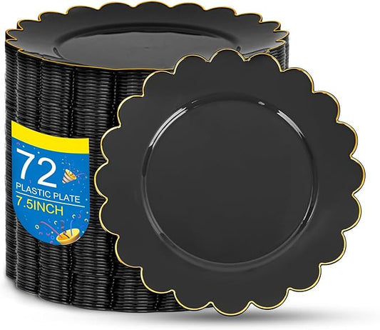 SUT 72 PCS Black Plates,Black Plastic Plates with Gold Rim, plastic Plate for Party, 7.5 inch Dessert plate, Disposable plate for Party