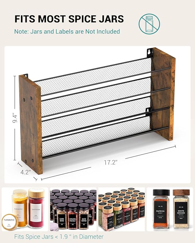 NESAPTO Spice Rack Organizer for Cabinet, Wooden 4 Tier Vertical Seasoning Organizers for Kitchen Pantry, Countertop/Wall Mount, Holds 36 Spice Jars (No Jars Included), 17.2" W 횞 9.4" H