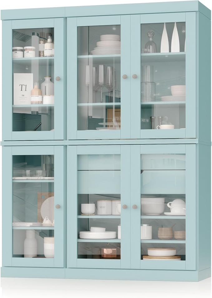 Palace Imports 100% Solid Wood 48.5" Pantry China Cabinet with Clear Glass Doors, 2-Drawers and Adjustable Shelves (Aqua)