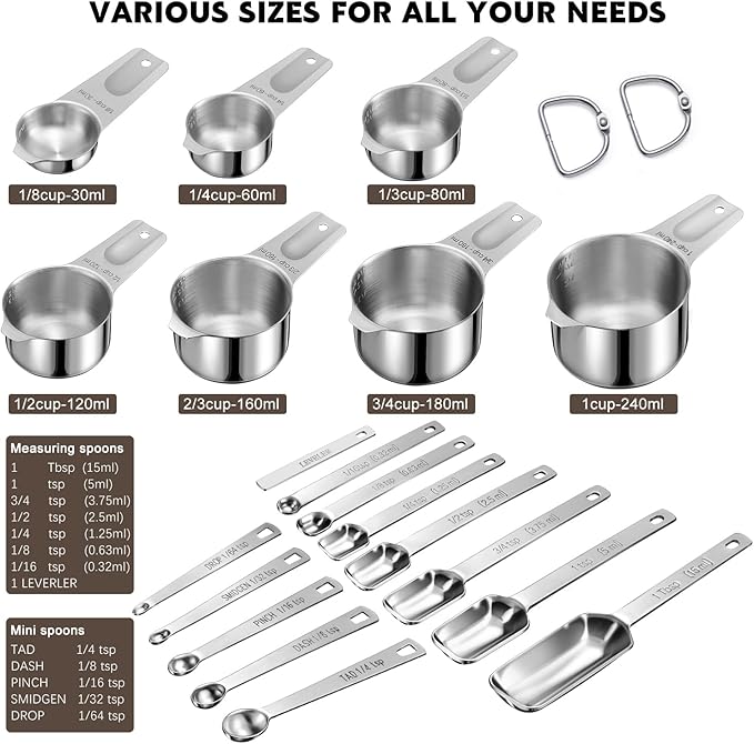 AMOHEE 20Pcs Measuring Cups and Spoons Set, Includes 7pcs Stainless Steel Measuring Cups, 12 Measuring Spoons with Leveler for Cooking & Baking, Dishwasher Safe