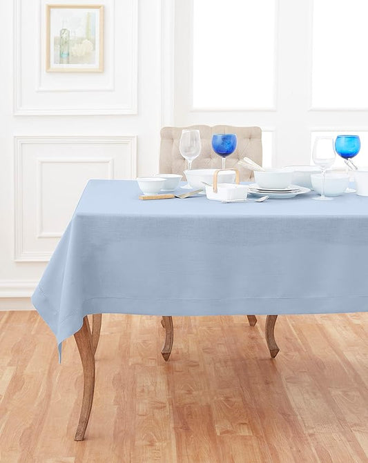 Solino Home Linen Sky Blue Tablecloth 60 x 108 Inch - Classic Hemstitch, 100% Pure Linen Rectangular Tablecloth - Machine Washable Table Cloth for Spring, Easter