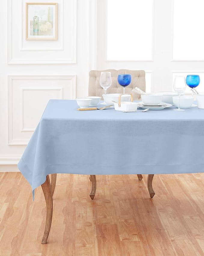 Solino Home Linen Tablecloth 60 x 120 Inch - Classic Hemstitch 100% Pure Linen Sky Blue Table Cloth for Rectangle Tables - Machine Washable Tablecloth for Spring, Easter